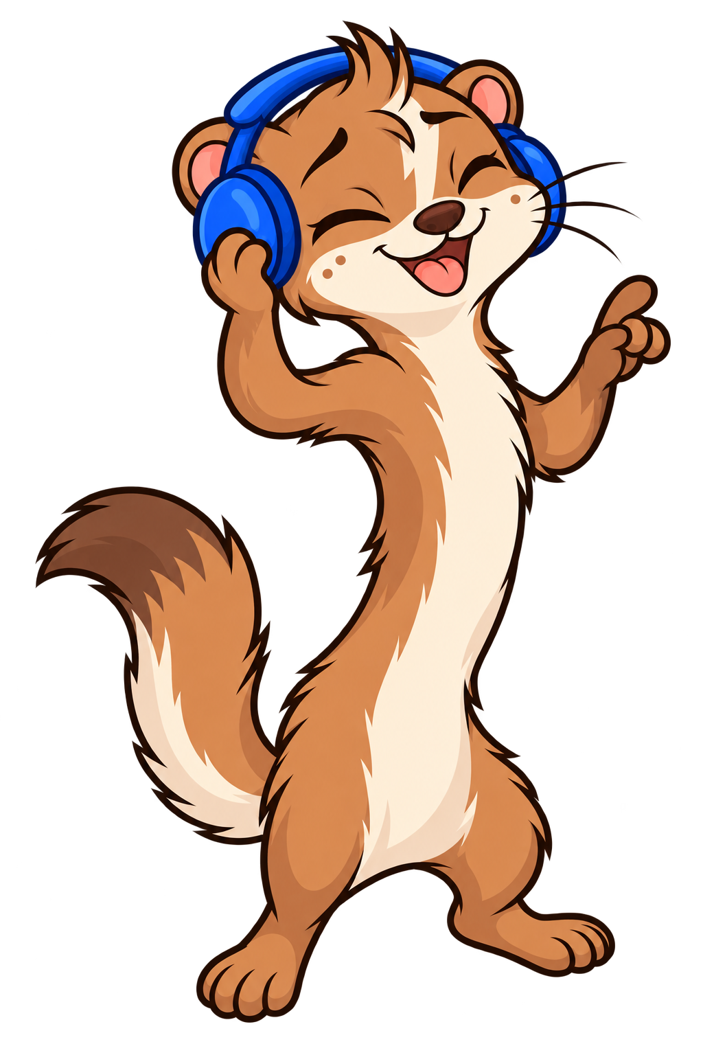 Weasly, a smiling caramel-colored weasel with a cream lightning marking, enjoying music through blue headphones.